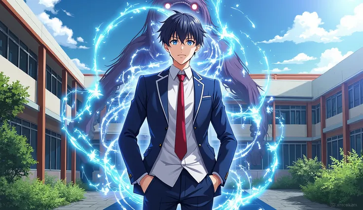 Anime style, a young guy with dark ones He stands in the middle of the schoolyard with hair and piercing blue eyes. He wears an elegant uniform with a blue jacket and a red tie, and a brown backpack hangs behind him. His tie is slightly loose, creating a c...