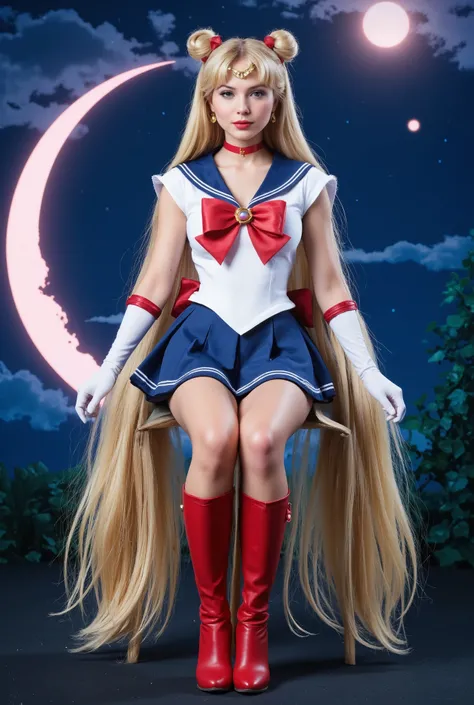 Create an image of a beautiful 20-year-old girl with fair skin and very long straight blonde hair styled in twin tails with two round buns. She is wearing a Sailor Moon costume. The background features a romantic night scene, with a large crescent moon tha...