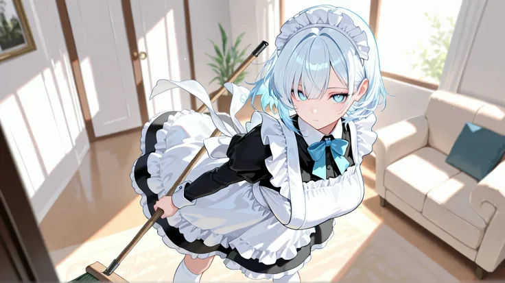 masterpiece, best quality, detailed face, detailed eyes, 1 girl, solo, beautiful, big chest, slender body, mature, light makeup, adorable, sharp eyes, closed mouth, short hair, light blue hair outer, white hair inner, very long side bangs, short tidy bang,...