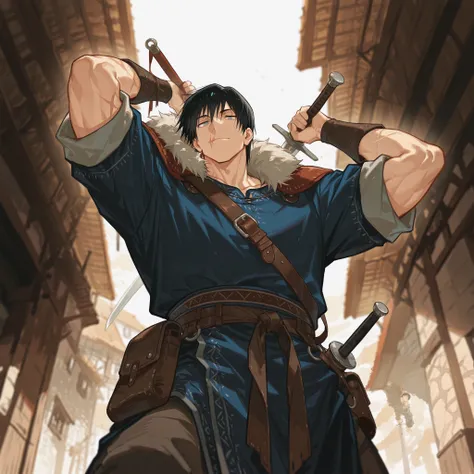 usnr, solo, mature, 1guy, touji_fushiguro, black hair, blue eyes, short hair, scar on mouth, handsome, muscular, viking clothes, fur, sword, masterpiece, very aesthetic, absurdres, , Film Still , perspective cinematic shot (long shot:1 . 1) , (depth of fie...