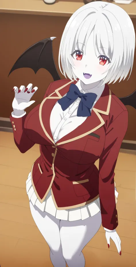 1 Girl、red eyes、Kushida Kikyo、short bob、has fangs、vampire、vampire化Kushida Kikyo、high school student、真っ白なpale skin、 pure white hair 、uniform、blazer from above the bar、skirt、 160〜Over 170 cm、vampire学園の生徒、Red nails、 Slightly Sharp Nails 、slightly larger breas...
