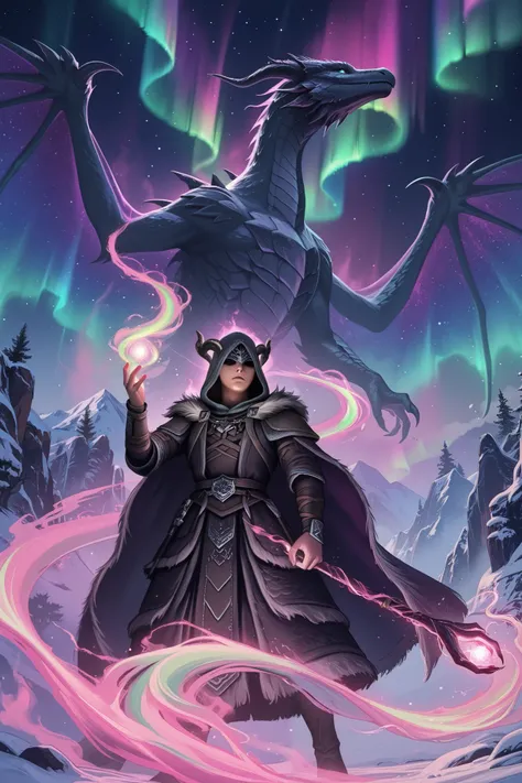 beautiful skyrim background, ethereal alduin dragon, magic, aura, aurora borealis