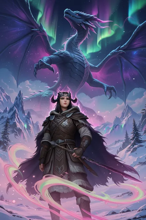 beautiful skyrim background, ethereal alduin dragon, magic, aura, aurora borealis