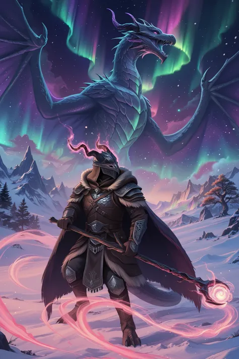 beautiful skyrim background, ethereal alduin dragon, magic, aura, aurora borealis