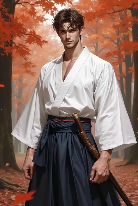 Hombre de 29 años que parece joven, Mide 1 .80 metros de alto, Kendo handsome (white solid kimono tops and high waist dark-blue maxi-length (skirt, hakama) with dark-blue obi:1.4), be breathless, sweat, sparkling sweat, trembling, (brown short curly hair:1...