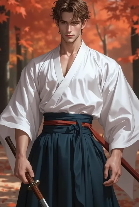 Hombre de 29 años que parece joven, Mide 1 .80 metros de alto, Kendo handsome (white solid kimono tops and high waist dark-blue maxi-length (skirt, hakama) with dark-blue obi:1.4), be breathless, sweat, sparkling sweat, trembling, (brown short curly hair:1...