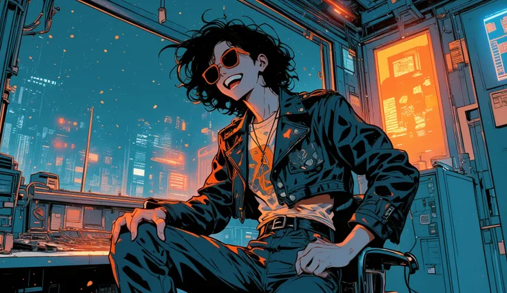 A dark-haired male hacker is cackling in a neon-lit room wearing a funky retro outfit of a cropped leather jacket with a bold 80s pattern, high-waisted pants and oversized sunglasses. The illustration is in a detailed, muted, pastel-coloured vintage comic ...