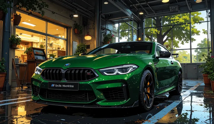 Render a BMW M8 Coupe Competition in a premium studio setting with cinematic lighting. The car should be parked on a glossy black floor with subtle LED strip lighting accentuating its muscular contours. The exterior finish is Isle of Man Green, with gold c...