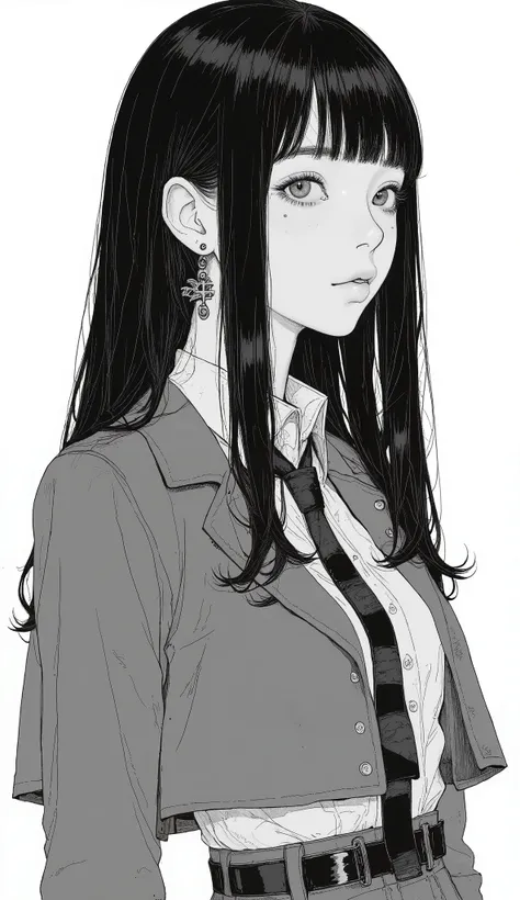 Japanese manga written on a notebook、Taiyo Matsumoto、profile、upper body、 manga frame split、 comic cover 、Princess Cut、straight long hair、full bangs、High school cartoons、uniform、black hair shortcut、simple background、full bang、 Bold composition 、Black and w...
