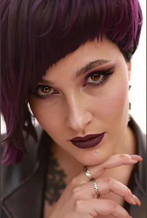 Portrait of a beautiful young girl in close-up, dark purple carefully crafted shiny hair, bangs,
expressive saturated makeup, gaze, dark lipstick, leather jacket, studio light, fashion photography, posing, model, advertising, gloss, digital photo, high det...