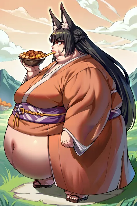 Girl becoming a monster, becoming a troll, fat, chubby, obese, kimono, score_9, score_8_up, score_7_up, source_anime BREAK 1girl, solo, hoshimi, red eyes, black hair, very long hair, blunt bangs, braid, fox ears, big ears, big nose, big lips, 900 pounds, 1...
