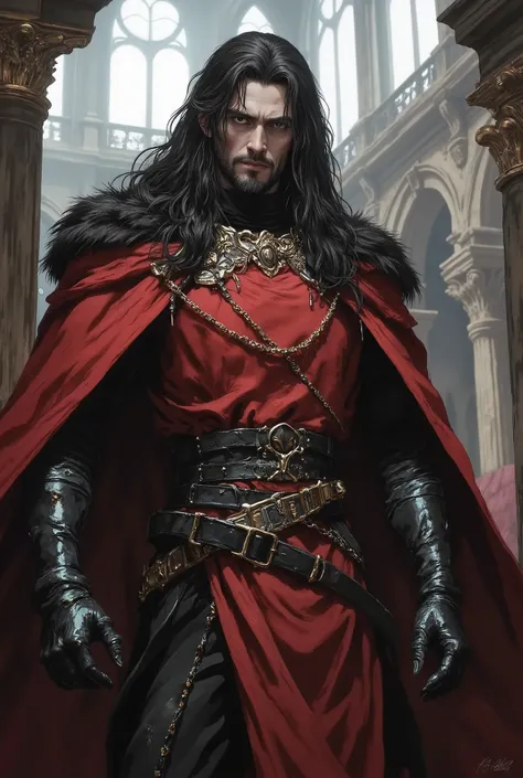 dark-skinned man, long black hair, dressed in a red medieval long-sleeved tabard, black leather gloves, torn cape, with voluminous black hair on his shoulders, black leather pants, bored, inside a luxurious Castle.