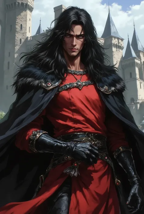 dark-skinned man, long black hair, dressed in a red medieval long-sleeved tabard, black leather gloves, torn cape, with voluminous black hair on his shoulders, black leather pants, bored, inside a luxurious Castle.