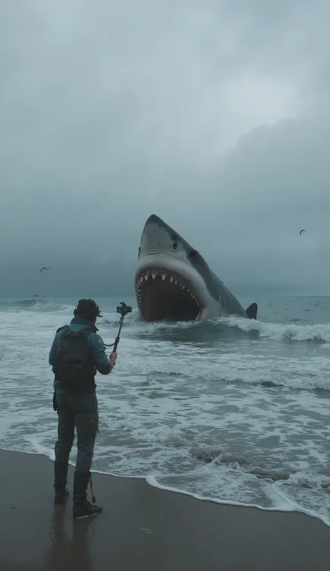 On a cloudy day, giant megalodon sharks open their mouths on the shore, and the shark's head ratio fills 90 on the left side of the screen%Space shark head facing 20° to the left, standing on the right, and a photographer with his back to the camera to pho...