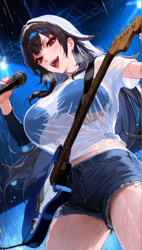 illustration , best quality , dramatic lighting , masterpiece , best quality , ultra-detailed , photorealistic depiction of rock concert . The character sings and playing guitar , on concert stage , her pose is dramatic and expressive , with a big smile an...