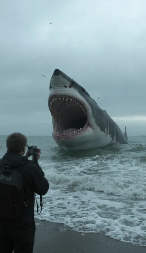 On a cloudy day, giant megalodon sharks open their mouths on the shore, and the shark's head ratio fills 90 on the left side of the screen%Space shark head facing 20° to the left, standing on the right, a photographer with his back to the camera to take a ...