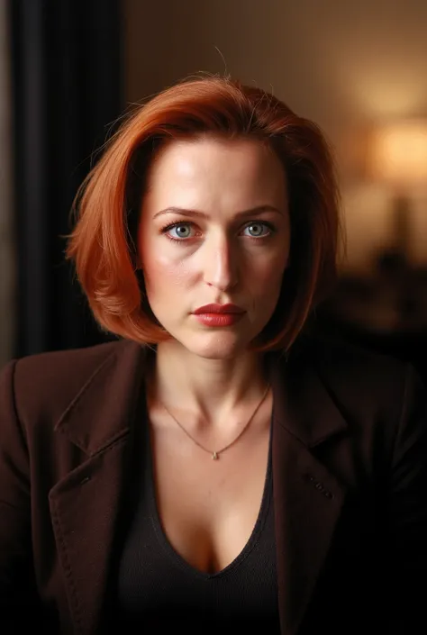 Realistic photo by Dana Scully, naked ; (Dana Scully smiles), red hair, Bob haircut, feminine body, perfect anatomy, perfect fingers, natural pale skin, Dana Scully sits in a chair, living room, The photo shows the natural beauty of Dana Scully, the livin...