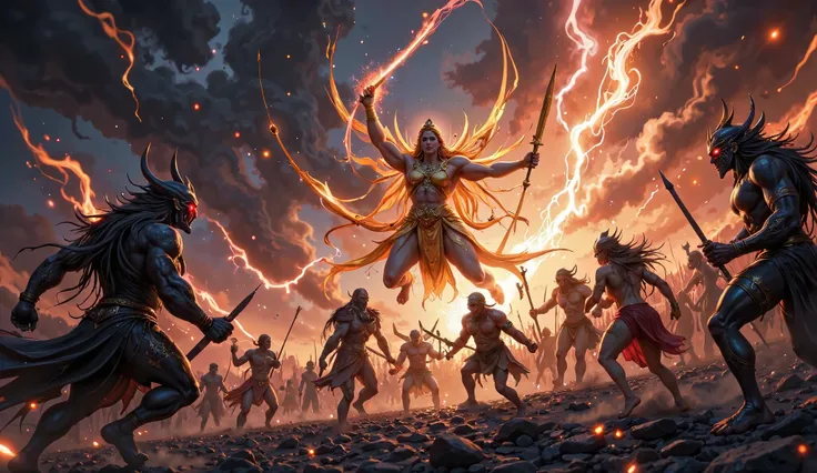 "A massive battlefield engulfed in fire and smoke, where divine and demonic forces clash in an intense war. In the chaos, golden-armored devas wield their celestial weapons, their faces determined, eyes glowing with divine energy. Their swords radiate holy...