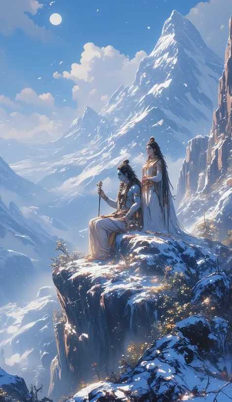 Create an image of Lord Shiva and his wife Parvati, both sitting on a rock on a high hill, with a full moon in the background and snow falling. Hyper realistic wide angle view