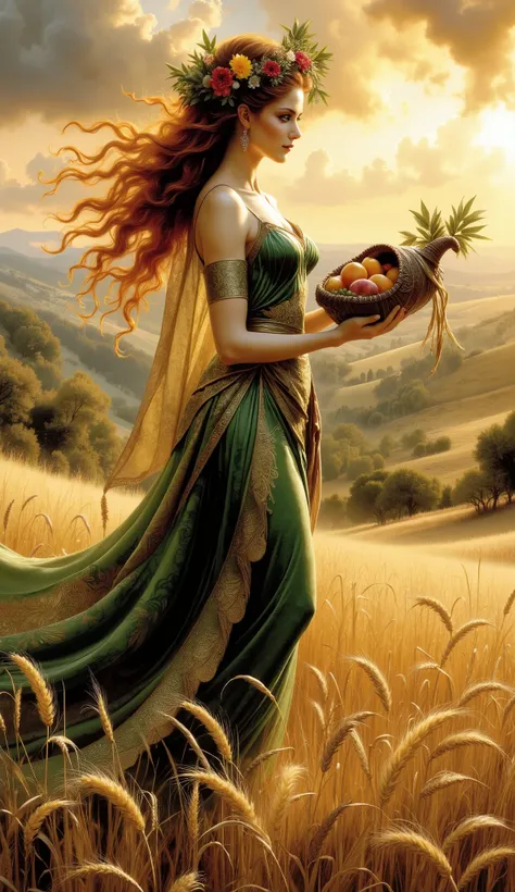 Create a hyper-realistic, highly detailed, best quality, HDR image of Demeter, the Greek Goddess of Agriculture and Harvest, standing gracefully in a vast golden wheat field bathed in the warm glow of the setting sun. She wears a flowing green and gold rob...