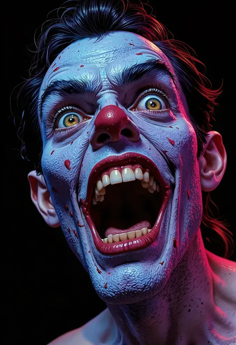 bo-neon, ArcaneFGTNR, a highly detailed digital work of art depicting a close-up of the face of a laughing man, most likely a scary tired clown, with a striking and tense expression, a look from under the brow, a smile like a grin,a 3/4 face, the face of t...