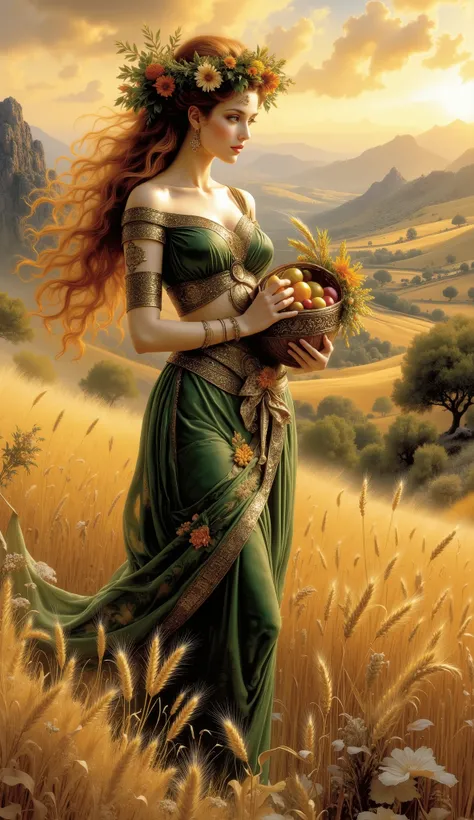 Create a hyper-realistic, highly detailed, best quality, HDR image of Demeter, the Greek Goddess of Agriculture and Harvest, standing gracefully in a vast golden wheat field bathed in the warm glow of the setting sun. She wears a flowing green and gold rob...