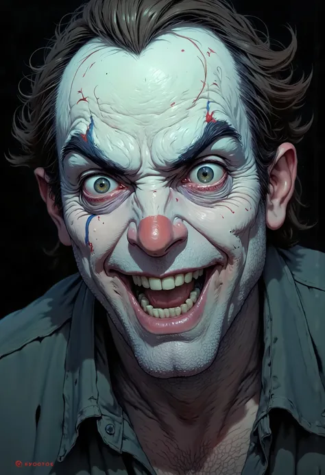 bo-neon, ArcaneFGTNR, a highly detailed digital artwork depicting a close-up of the face of a homeric laughing man, most likely a scary tired clown, with a striking and tense expression, a look from under the brow, a smile like a grin,a 3/4 face, the face ...