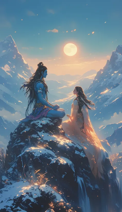 Create an image of Lord Shiva and his wife Parvati, both sitting on a rock on a high hill, with a full moon in the background and snow falling.