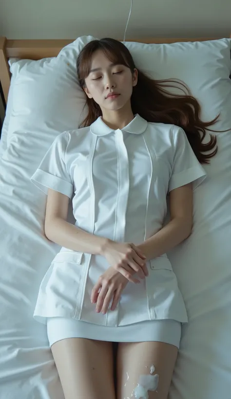 A pretty Japanese woman is laying unconscious on the bed, bound wrists behind your back, eyes close, very bright white skin, brown spread hair, natural bang, wearing a nurse uniform, tight short skirt, eye close, photorealistic, hyperrealism, whole body fr...