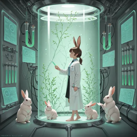 Two rabbits, dressed in white lab coats, are holding test tubes and discussing inside a research facility. The laboratory has a scientific atmosphere, filled with test tubes, beakers, and electronic equipment. The rabbits appear serious as they discuss the...