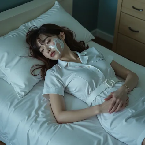 A pretty Japanese woman is laying unconscious on the bed, both arms behind her back, eyes close, very bright white skin, brown spread hair, natural bang, wearing a nurse uniform, tight short skirt, a lot of cum on her face, photorealistic, hyperrealism, wh...