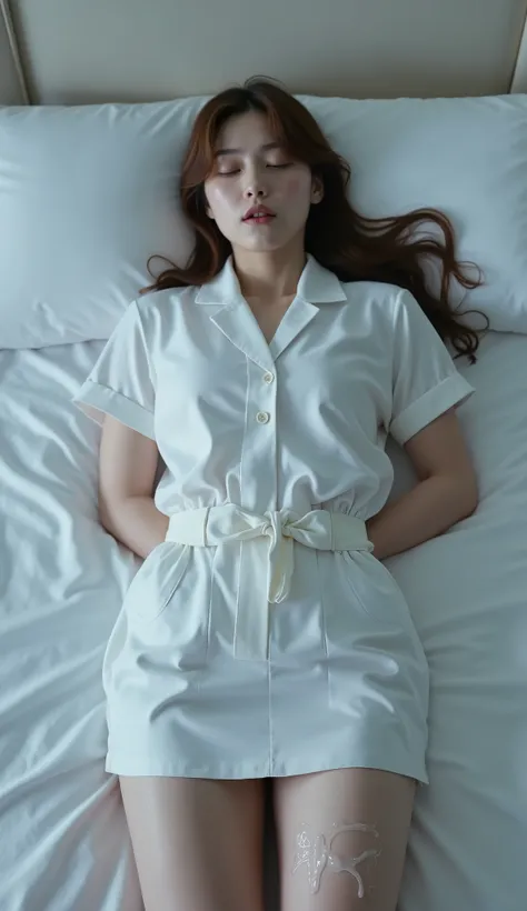 A pretty Japanese woman is laying unconscious on the bed, bound wrists behind your back, eyes close, very bright white skin, brown spread hair, natural bang, wearing a nurse uniform, tight short skirt, eye close, photorealistic, hyperrealism, whole body fr...