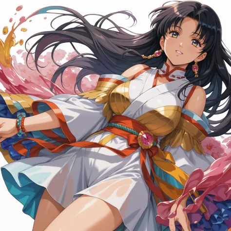 (masterpiece, top quality, OFFICIAL ART:1.2), (colorful), perfect anatomy, watch the audience,one girl, alone, white background, floating colorful water, super precise illustration,  high detail , dynamic angle, beautiful detailed, 8k, 壊す smiling amidst th...