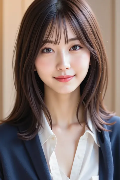 The face is positioned exactly in the center of the image , black hair , Tight Chest 、, the entire head is fully reflected , Face clearly visible、White Blouse with Open Chest and Navy Jacket, Night Ladies Room Background, long hair per person、bungs, smile...