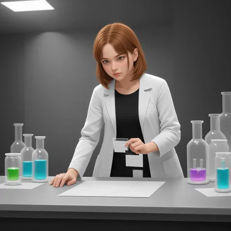 Two young women, dressed in white lab coats, are holding test tubes and discussing inside a research facility. The laboratory has a scientific atmosphere, filled with test tubes, beakers, and electronic equipment. The women appear serious as they discuss t...