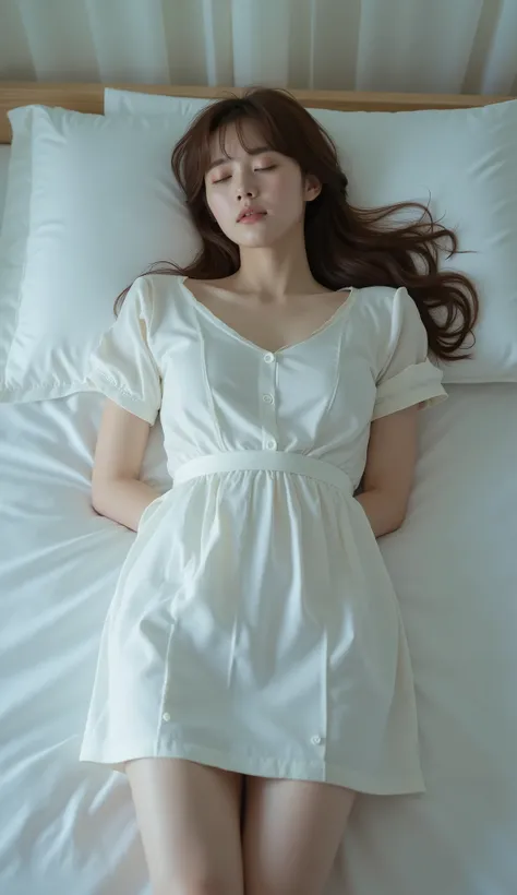 A pretty Japanese woman is laying unconscious on the bed, bound wrists behind your back, eyes close, very bright white skin, brown spread hair, natural bang, wearing a nurse uniform, tight short skirt, eye close, photorealistic, hyperrealism, whole body fr...