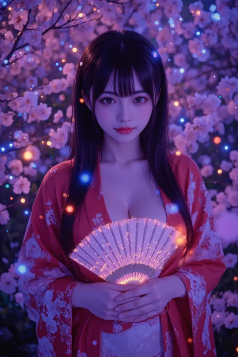   Japanese Beauty , high quality, high definition, genuine leather , beautiful face,  medium hair, With arms wide open、Wear a neat kimono, Underwear and lips with fluorescent top and bottom,  covers nipples、Holding a glowing fan、A Japanese cherry garden th...