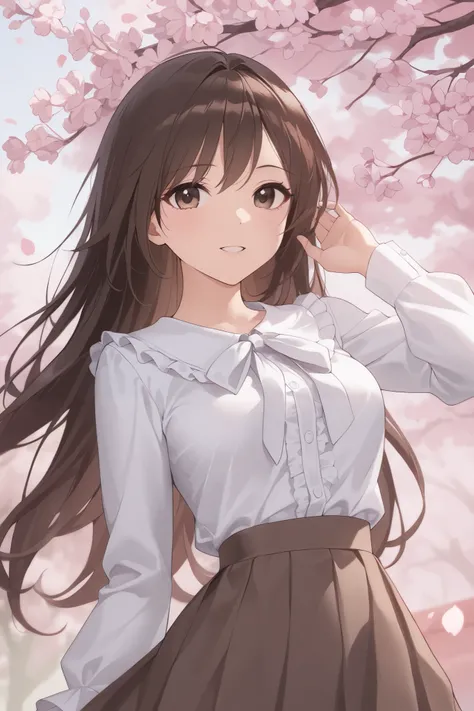 Woman looking at cherry blossoms、Blown by the spring breeze fixes unruly long hair、 dark brown hair、 long sleeve blouse、skirt