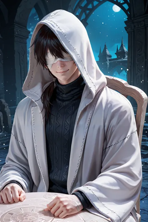 masterpiece, best quality, detailed eyes, semi realistic, 8k, boy, cool, small, white robe coat, black sweater, short black low ponytail hair, bandage blindfold, fantasy, solo character, wearing hood, white particles, fantasy temple background, night time,...