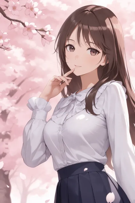 Woman looking at cherry blossoms、 dark brown hair、 long sleeve blouse、skirt