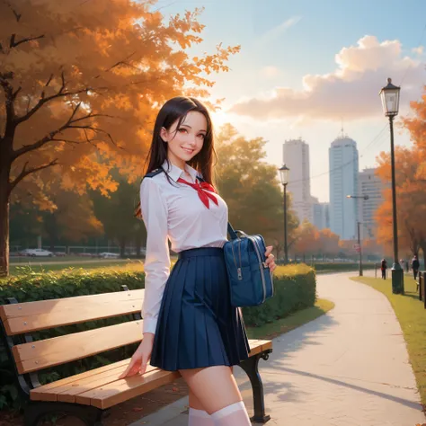 country(Azur Lane),(origin),schools_uniform,1 girl,Alone,outdoor,viewers,masterpiece,Best Quality,super detailed,illustration for both eyes,null,cloud,tree, bench,sunshine, Smile, pose , relax,4K,8k,high definition,Masterpiece,ULTRA DETAILS,realistic,photo...
