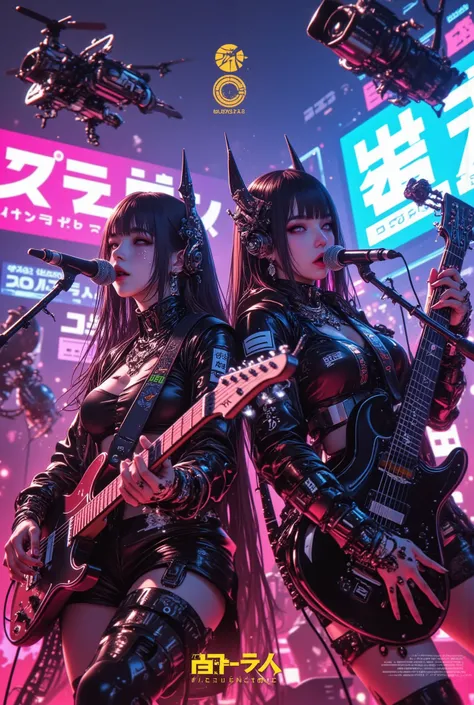 ((two-girls singing and play on electro-guitars in scene)), clothes mix sci-fi and neon plastic, sci-fi accessories, ((around flying robo-cameras)), (location neon concert in Alien planet), realistic-Aneme style, good quality, detailed