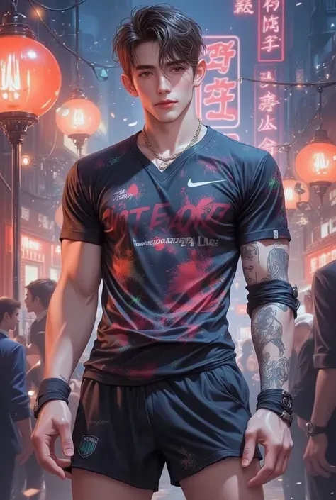 creating an 18-year-old boy sports student, Has white skin, Brown eyes, The whole picture is full of temptations, The hair is brown, One-piece basketball shorts, short sleeves，Very SM color