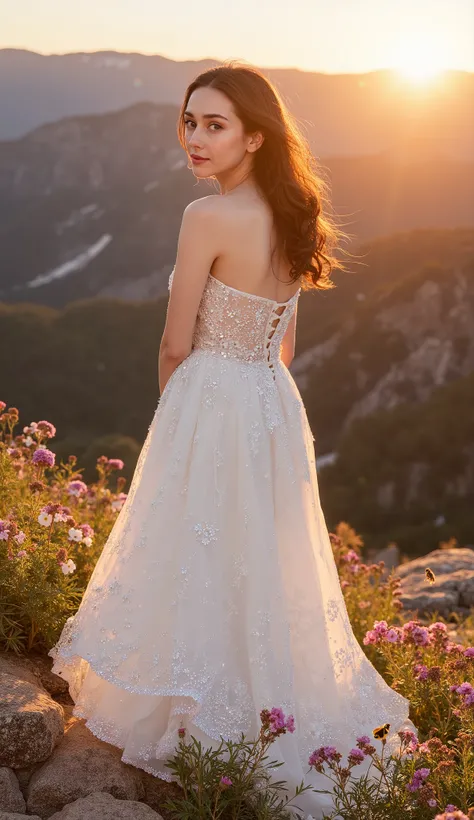 A beautiful woman stood atop a rocky outcropping, Her hair was swept up in loose curls that tumbled down her back, a subtle hint of makeup accentuated her high cheekbones, full lips, and flawless complexion. As she turned to face the camera, a soft smile p...