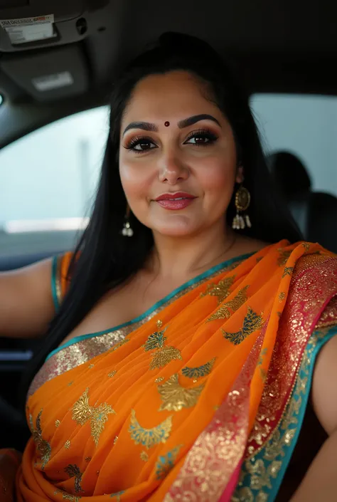 Big breast chubby Indian wife in saree taking candid selfie in bindi in car High Resolution,