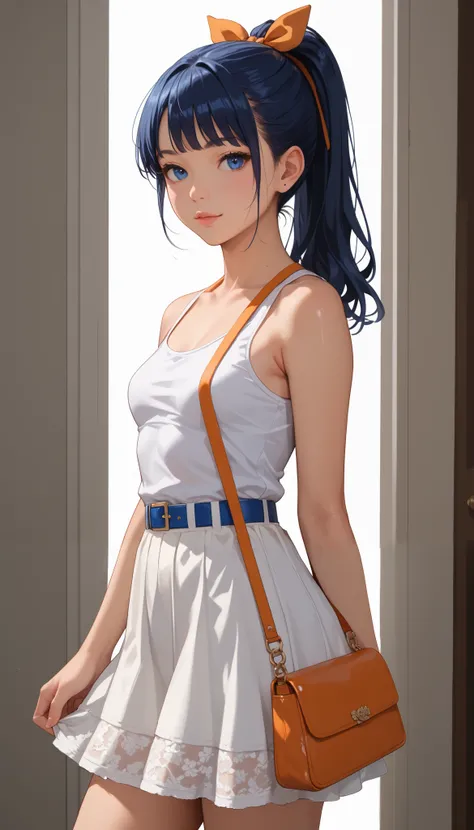 Solo Focus , 1 girl , (masterpiece , high quality:1) , Girl , Japanese , sexy photoshoot , Frankly , Asian , petite build ,small breasts, petite body , blue eyes , long dark blue hair tied in a ponytail, orange bow on her hair, white lace skirt, adult stud...