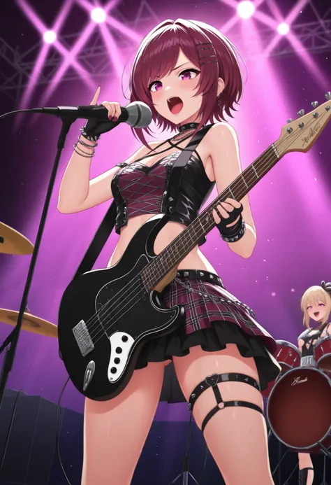 (((Best quality, 8k, Masterpiece: 1.3)), ((best quality)), ((masterpiece)), (detailed), perfect face, perfect body, (detailed skin:1.3), (intricate details), A three-member girls' band performing live on stage. The focus is on the leader, who is the vocali...