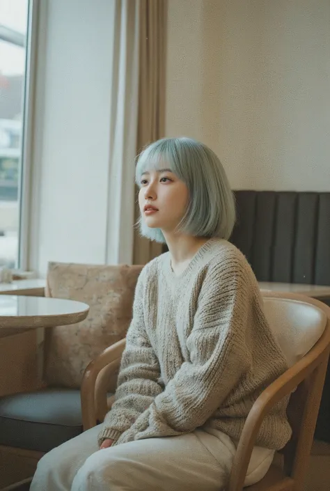 masterpiece, best quality,1 girl, sitting on the sofa, pale blue bob hair, from side, wearing knit wear, modern cafe