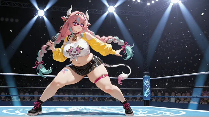 varesa (genshin impact) a girl with multicolored hair standing on a wrestling ring with a light on her face shining behind her, holding microphone, solo, headband, tied shirt, black skirt, black skirt, navel, miniskirt, bandaid on thigh, midriff, full bod...