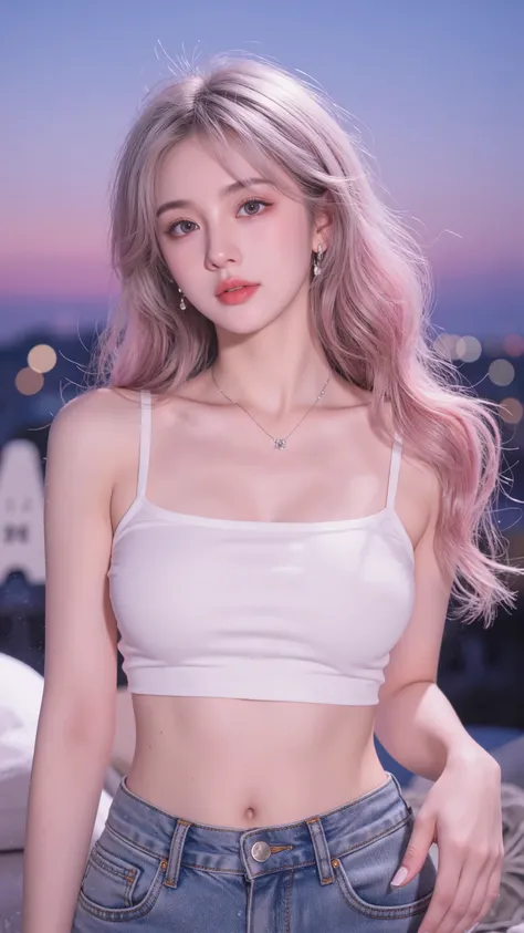 ( masterpiece, Highest Quality:1.2), 8,000, 85 mm, original photo, Seductive and confident, white and teal theme, Pink dyed gray hair, Delicate and youthful girl, Upper body shot, Close-up face , Smooth and fair skin, looks at the audience, HDR, clear f...